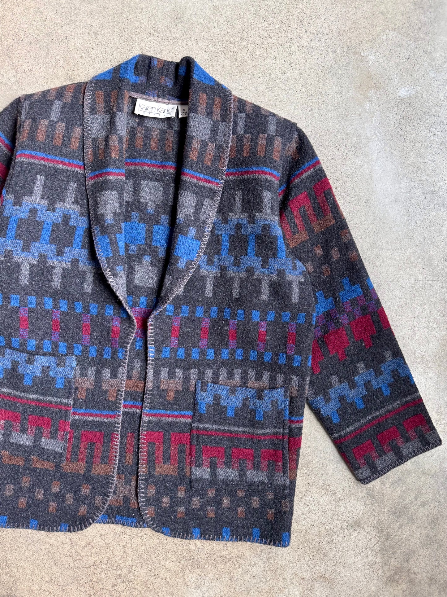 Vintage 1990s Karen Kane Southwestern Pattern Wool-Blend Cardigan Jacket | Small