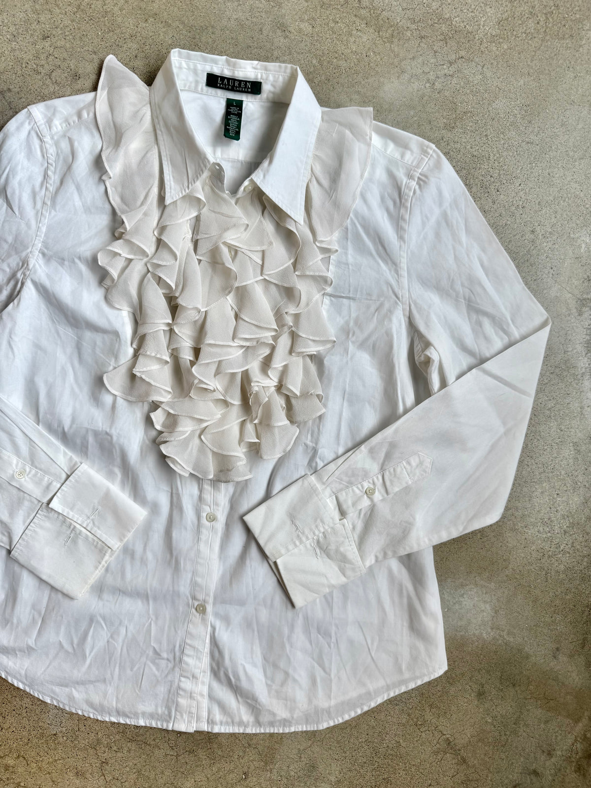 Lauren Ralph Lauren White Silk Ruffle French Cuff Cotton Shirt | Large