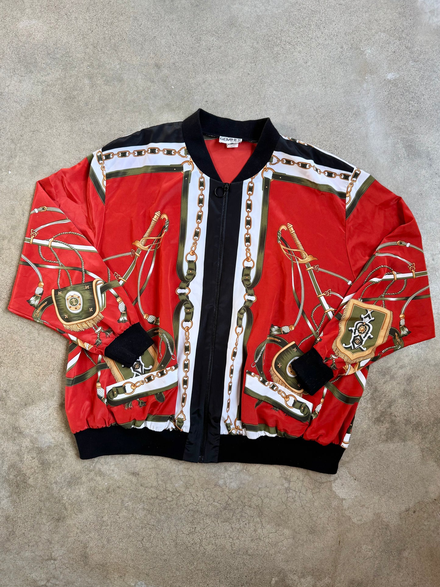 Vintage 1980s Gemini II Baroque Gold Chain Zip-Up Bomber Jacket | 3XL