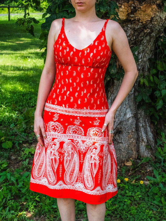 Vintage 1970s Jay Hart Red & White Paisley Print A-Line Summer Dress | XS