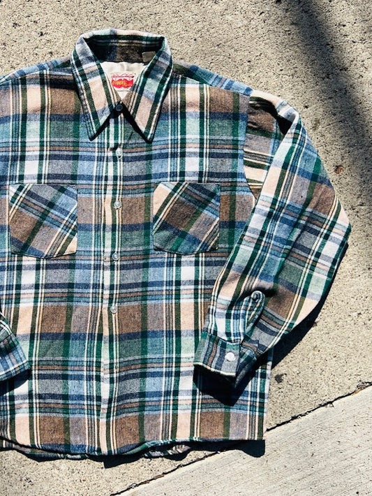 Vintage 1970s Country Squire Plaid Woven Acrylic Button-Up Shirt | Large