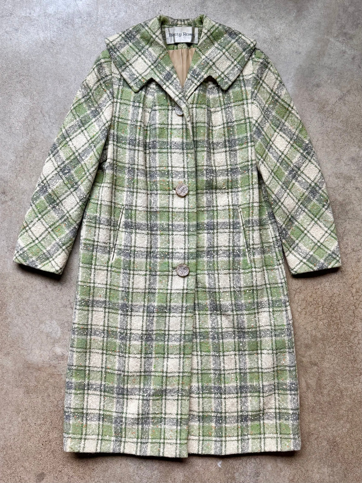 Vintage 1960s Betty Rose Green Plaid Wool Tweed Overcoat | S/M