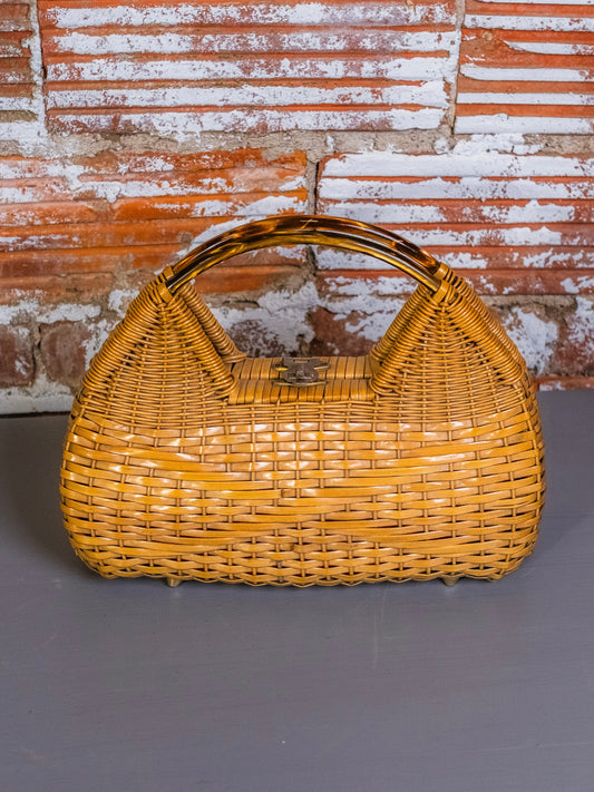 Vintage 1950s/60s Tortoise Bakelite Handle Wicker Basket Handbag