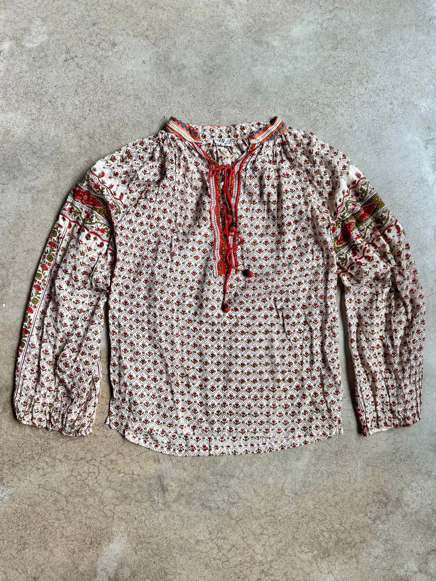 Vintage 1990s Indian Floral Block Print 100% Cotton Peasant Blouse | Small