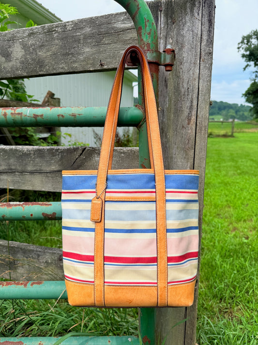 2000s Coach Hampton Striped Canvas & Tan Leather Tote Bag