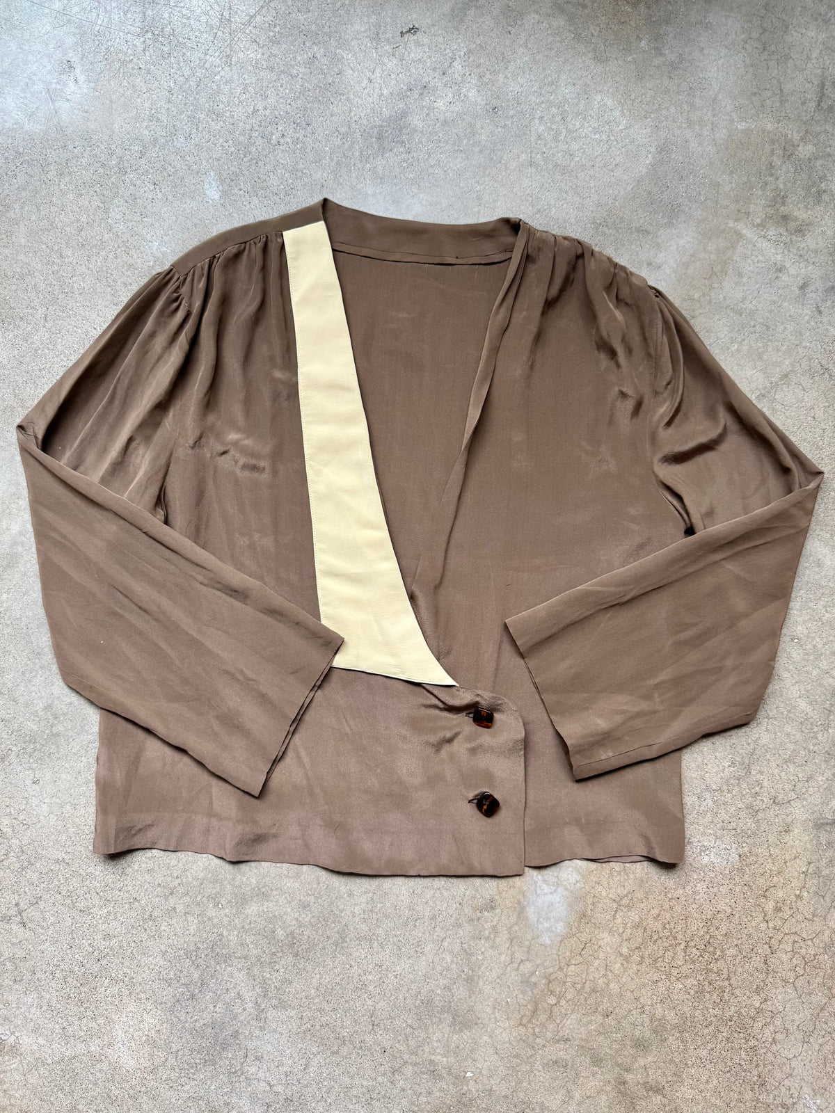 Vintage Handmade Brown & Cream Contrast Lapel Silk Blouse | Large