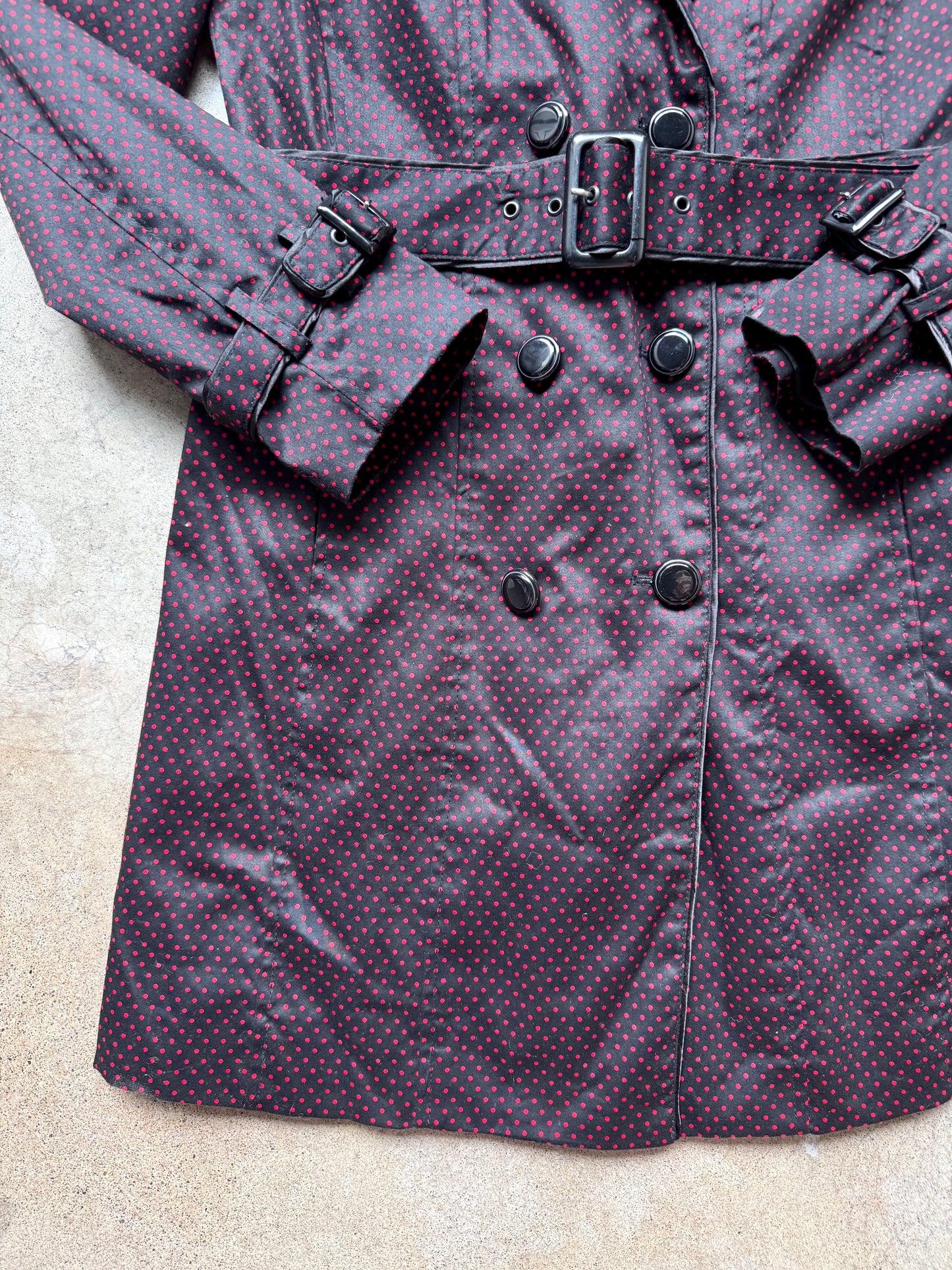 2000s Katherine NY Black & Red Polka Dot Trench Coat | Small