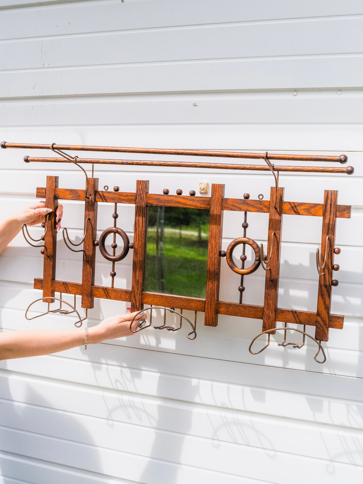 Antique Victorian Mirrored Hat & Coat Wall Rack