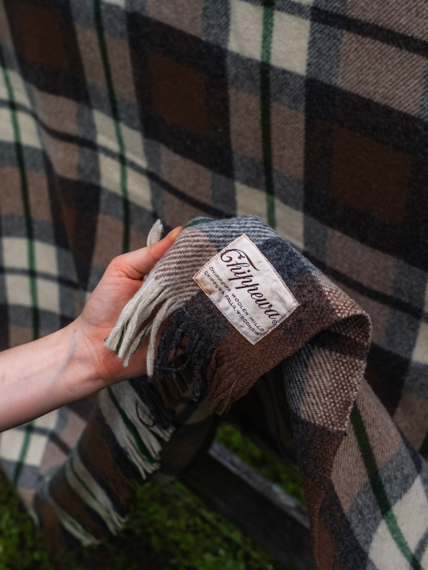 Vintage 1950s Chippewa Brown & Green Plaid 100% Wool Blanket
