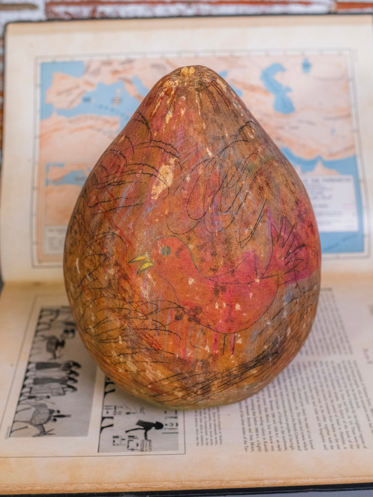 Vintage Folk Art Bird Drawing Decorative Gourd