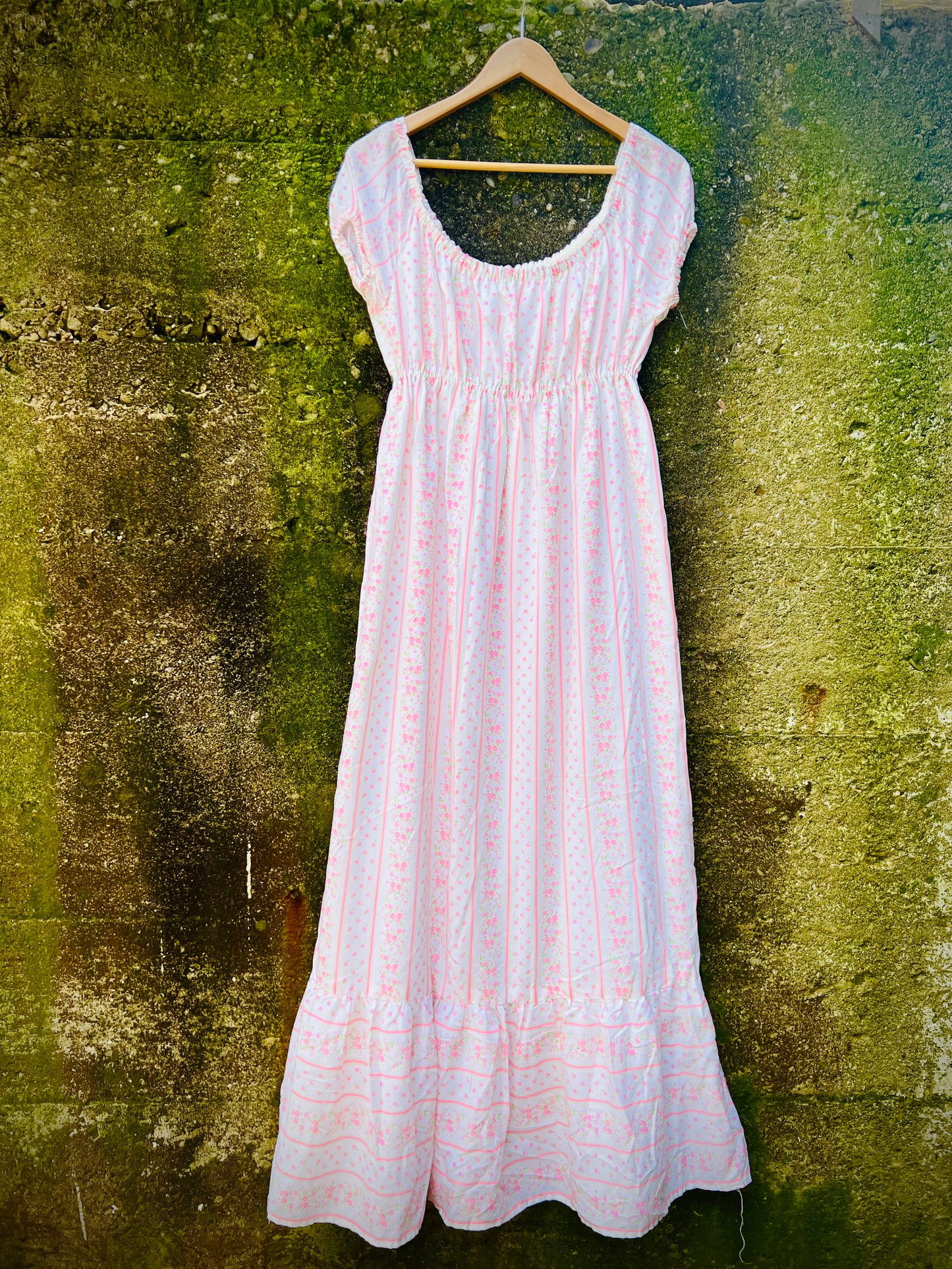 Vintage 1970s Handmade Pink & White Ditsy Floral Maxi Dress