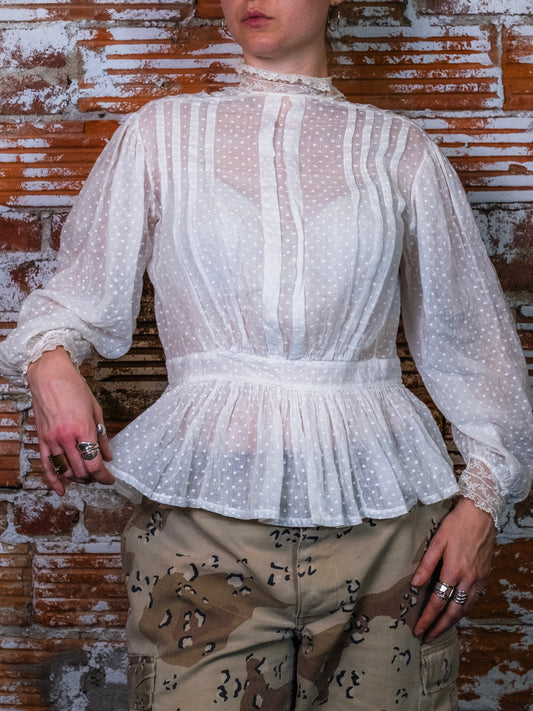 Antique Edwardian White Swiss Dot High-Neck Lace Trim Blouse | S/M