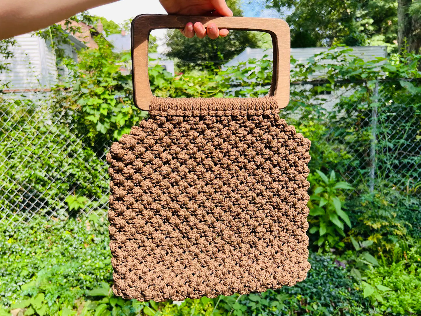 Vintage 1960s/70s Brown Macrame Wooden Handle Handbag Purse