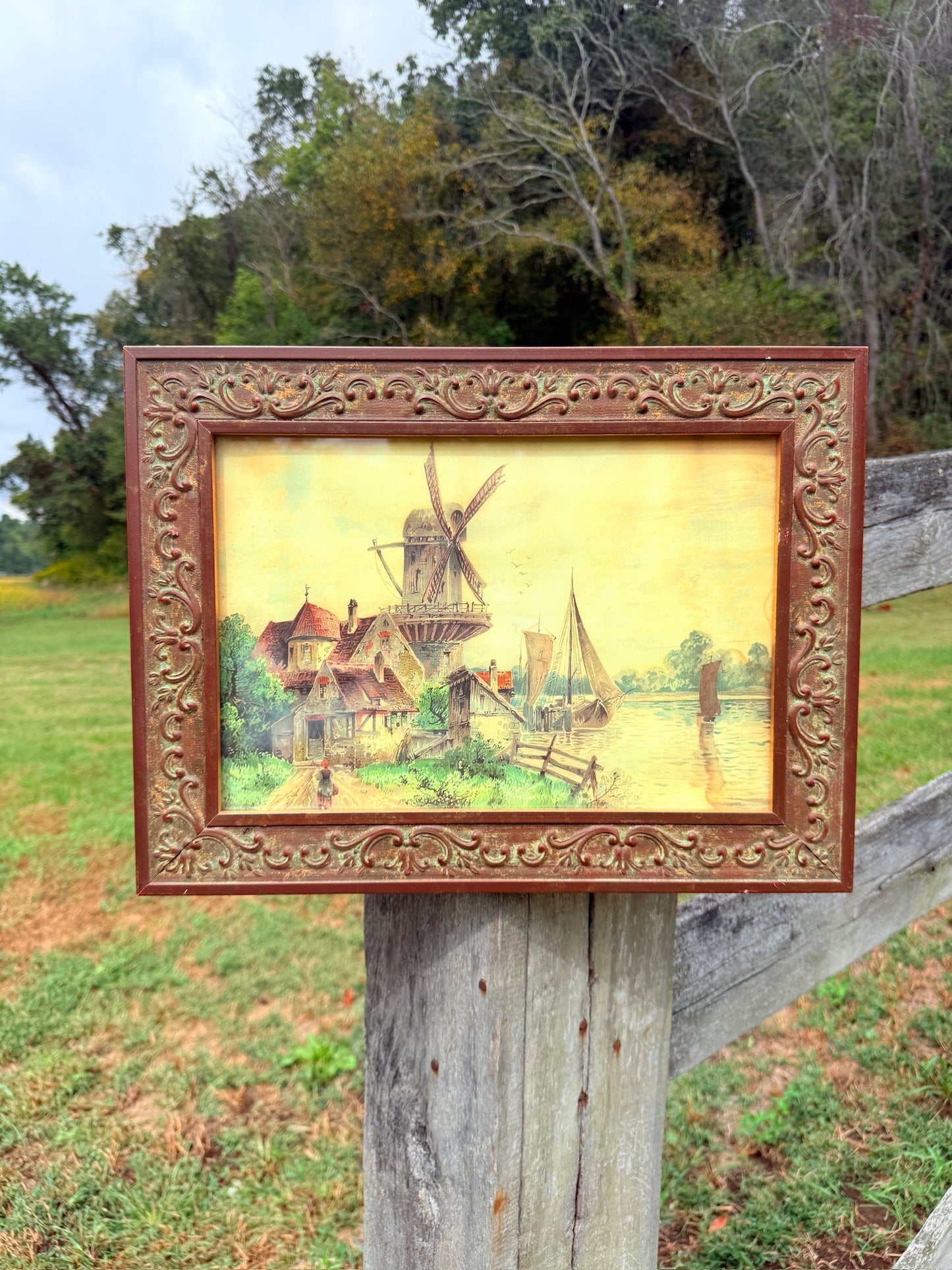 Vintage 1950s Framed Dutch Windmill Landscape Print Art