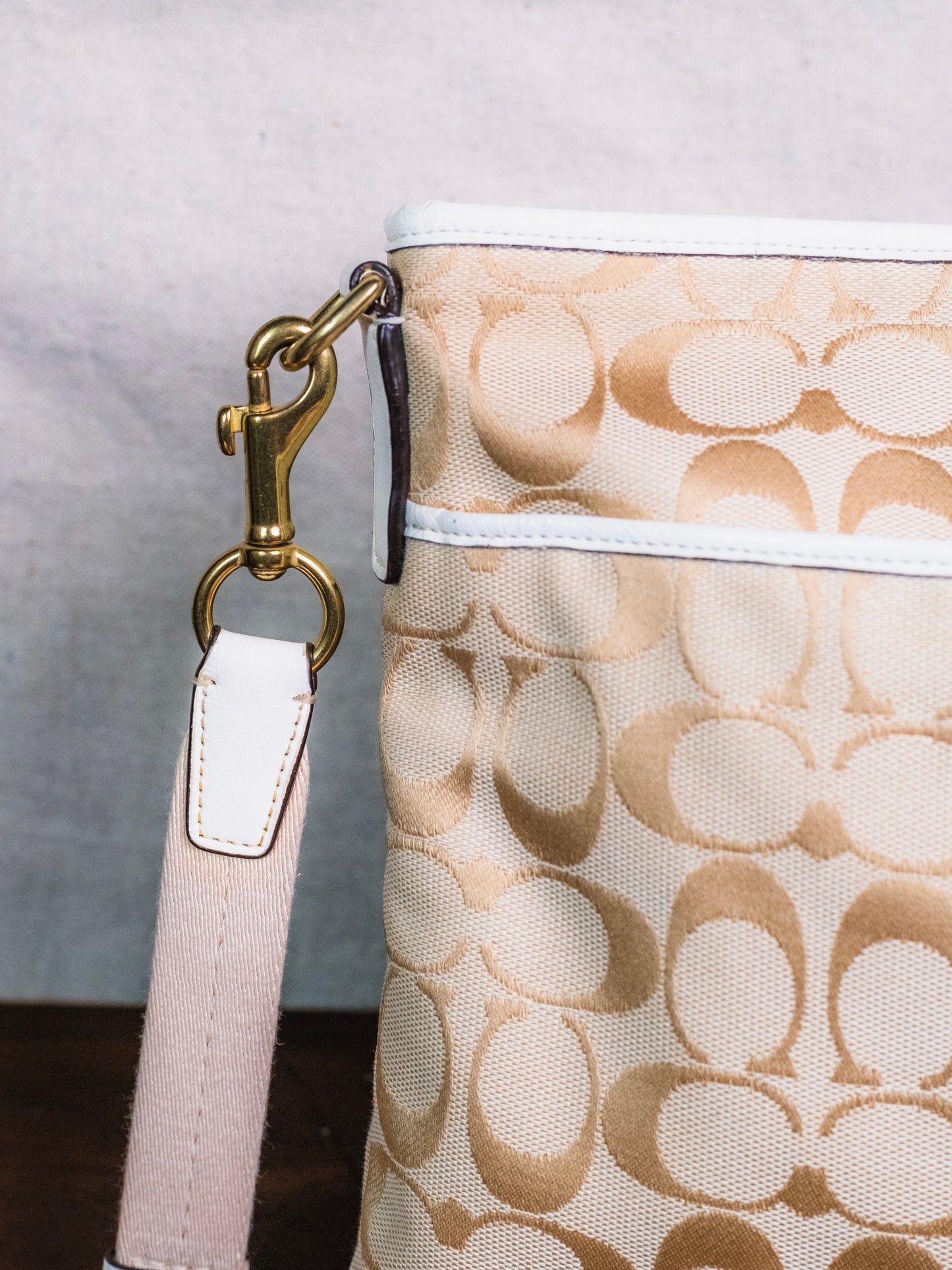 Coach Beige & White Signature Stripe Canvas Crossbody Bag