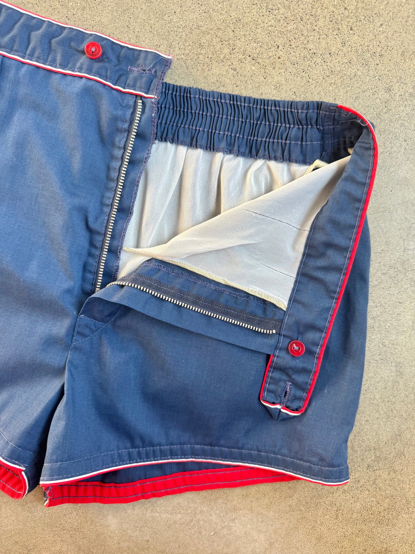 Vintage 1960s Navy Blue & Red Swim Shorts | Large