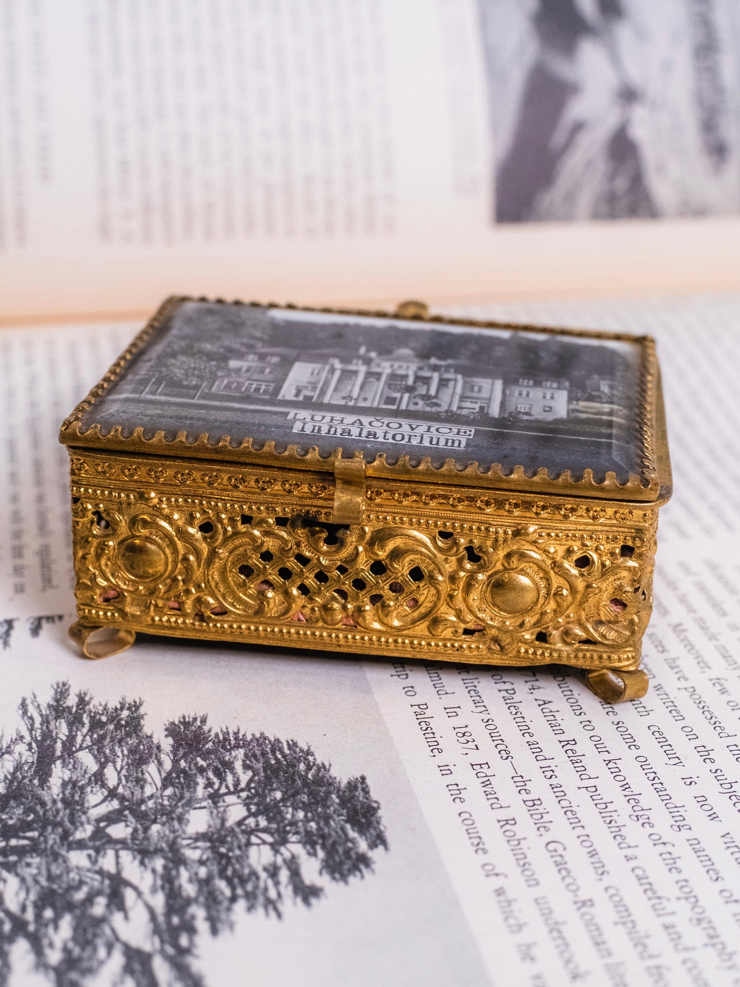 Vintage 1960s Gold Filigree & Glass “Luhačovice” Trinket Box