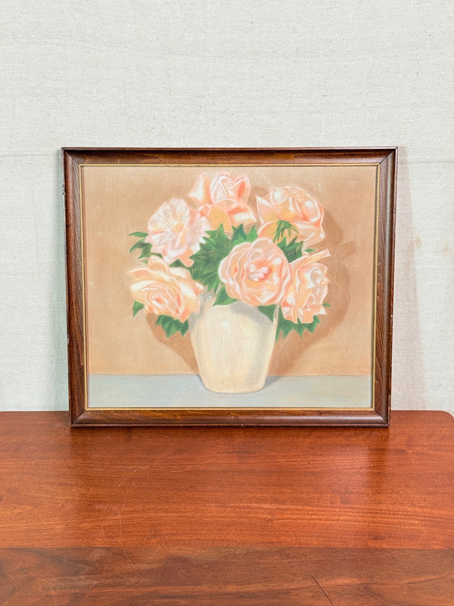 Vintage 1940s Wood Framed Peach Colored Roses Still Life Artwork