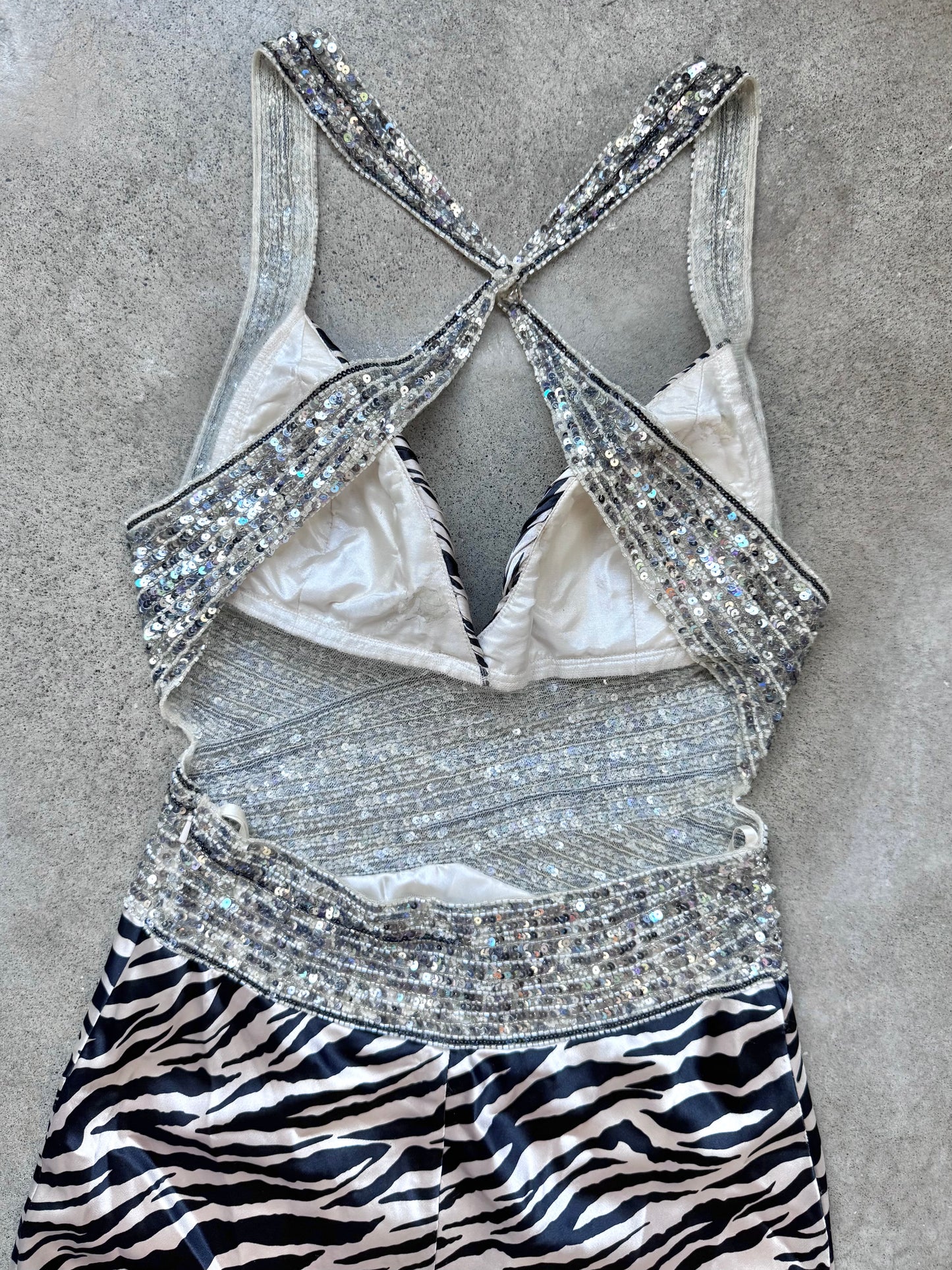 2000s Jovani Satin Zebra Print Sequined Floor Length Formal Dress | Small
