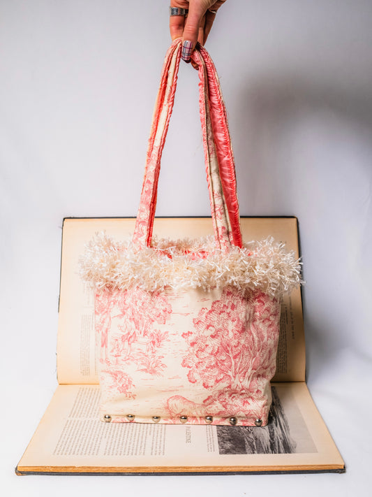 Vintage 1980s Handmade Pink & White Toile Print Purse | Signed