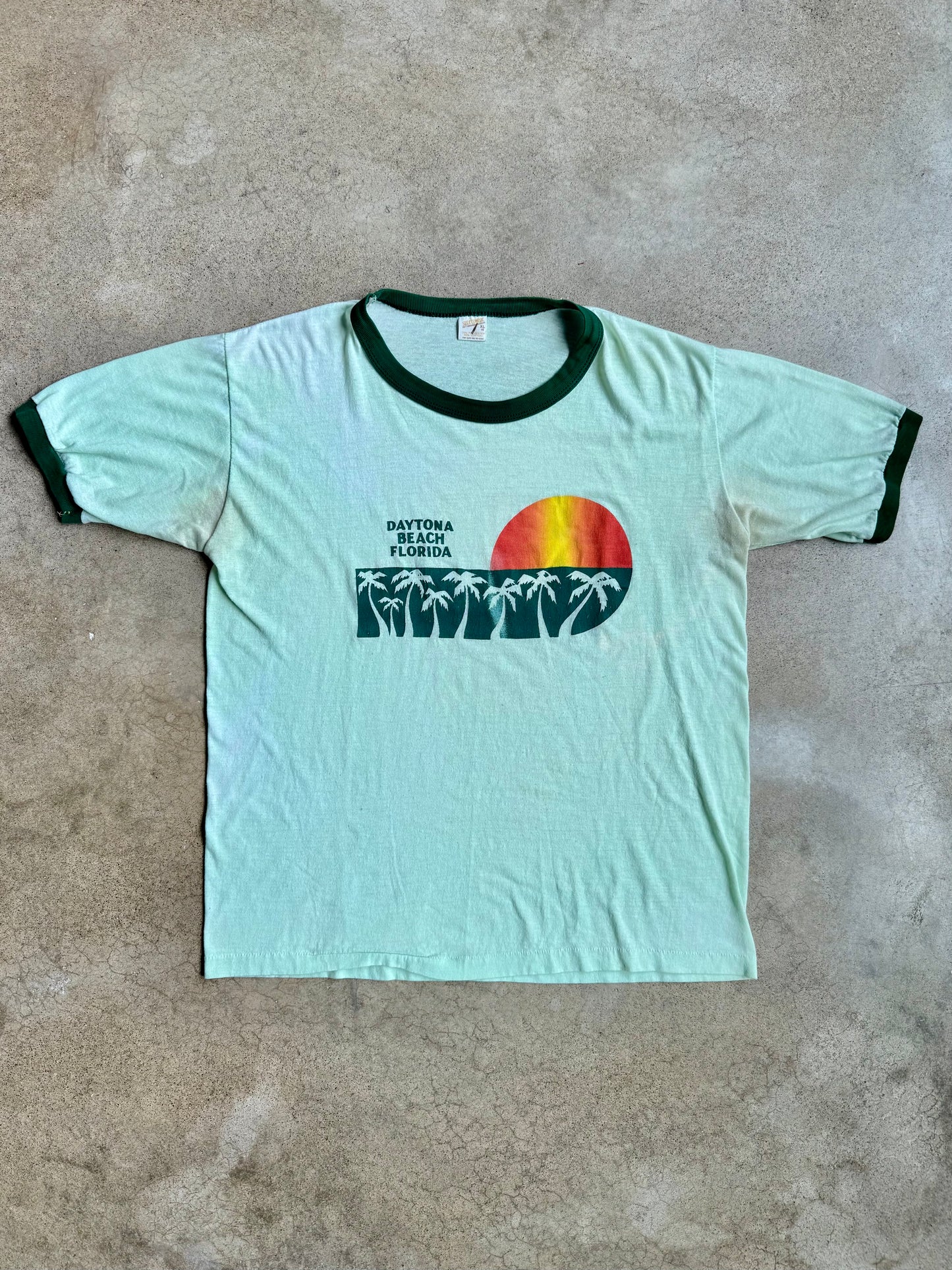 Vintage 1970s Daytona Beach Green Ringer Tee | XL