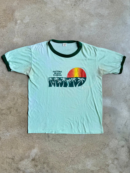 Vintage 1970s Daytona Beach Green Ringer Tee | XL