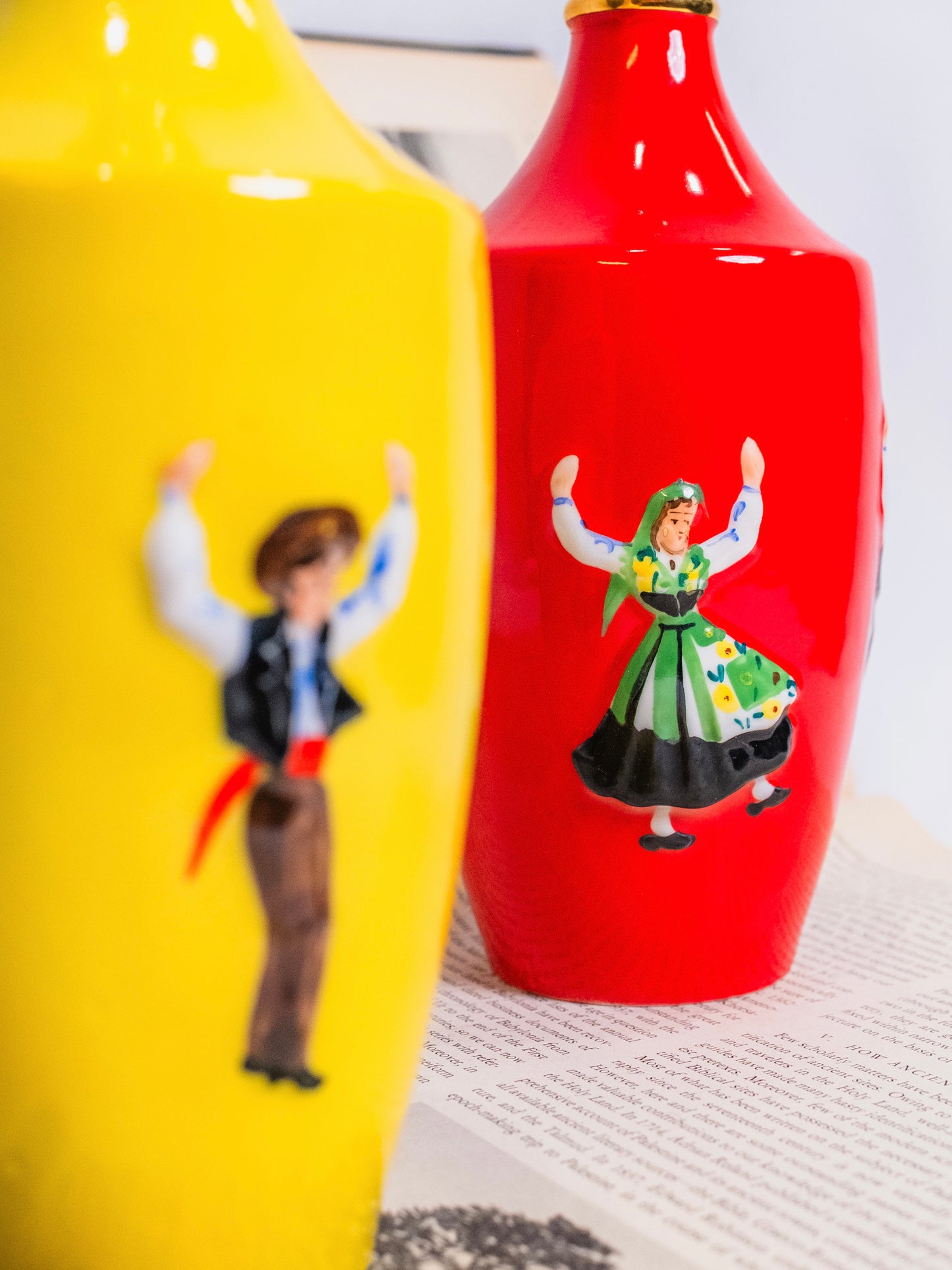 Vintage 1950s Real Vinicola Portugal Red & Yellow Ceramic Wine Bottles | Set of 2