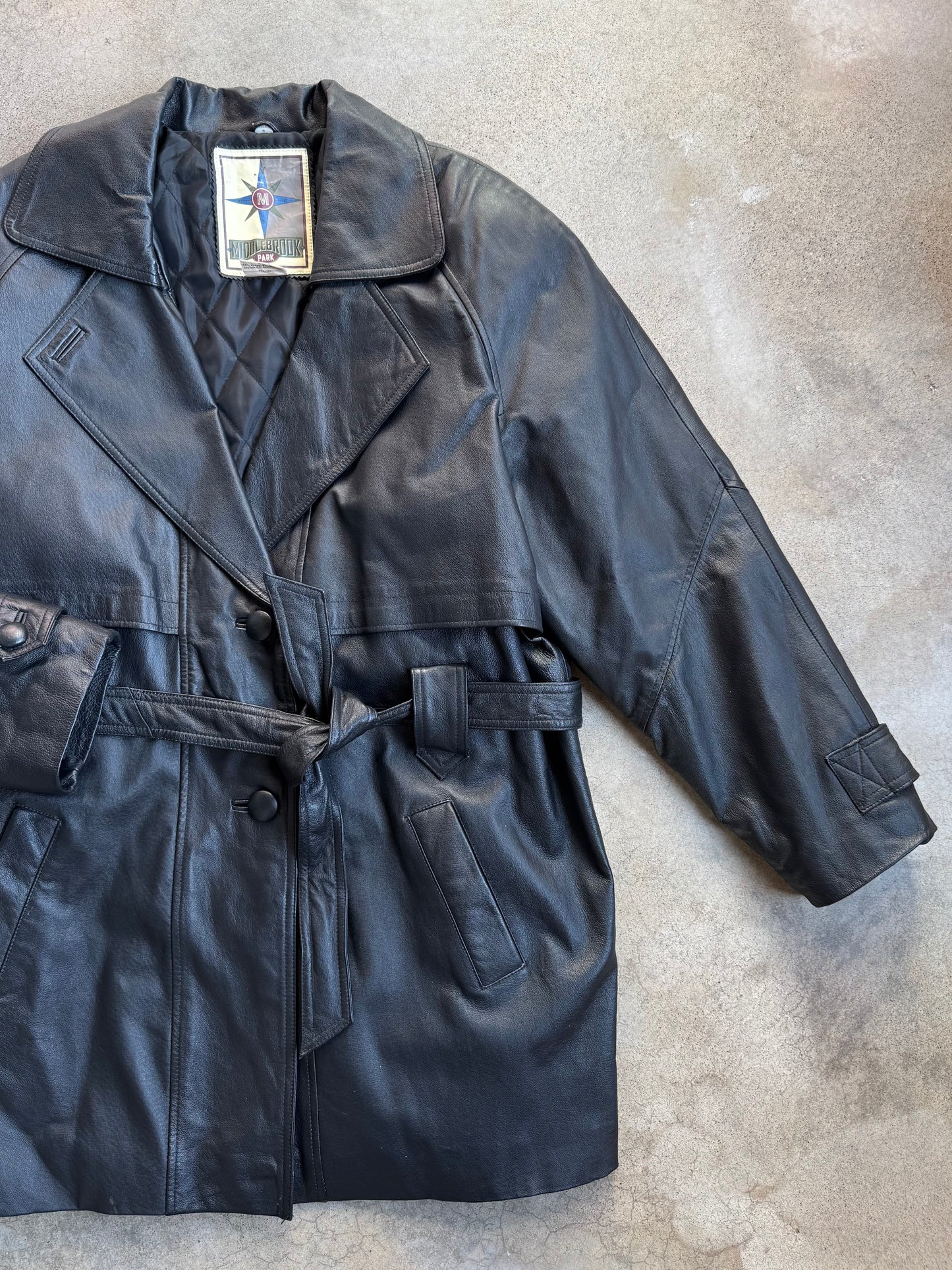 Vintage 1980s Middlebrook Park Black Leather Belted Coat | Large