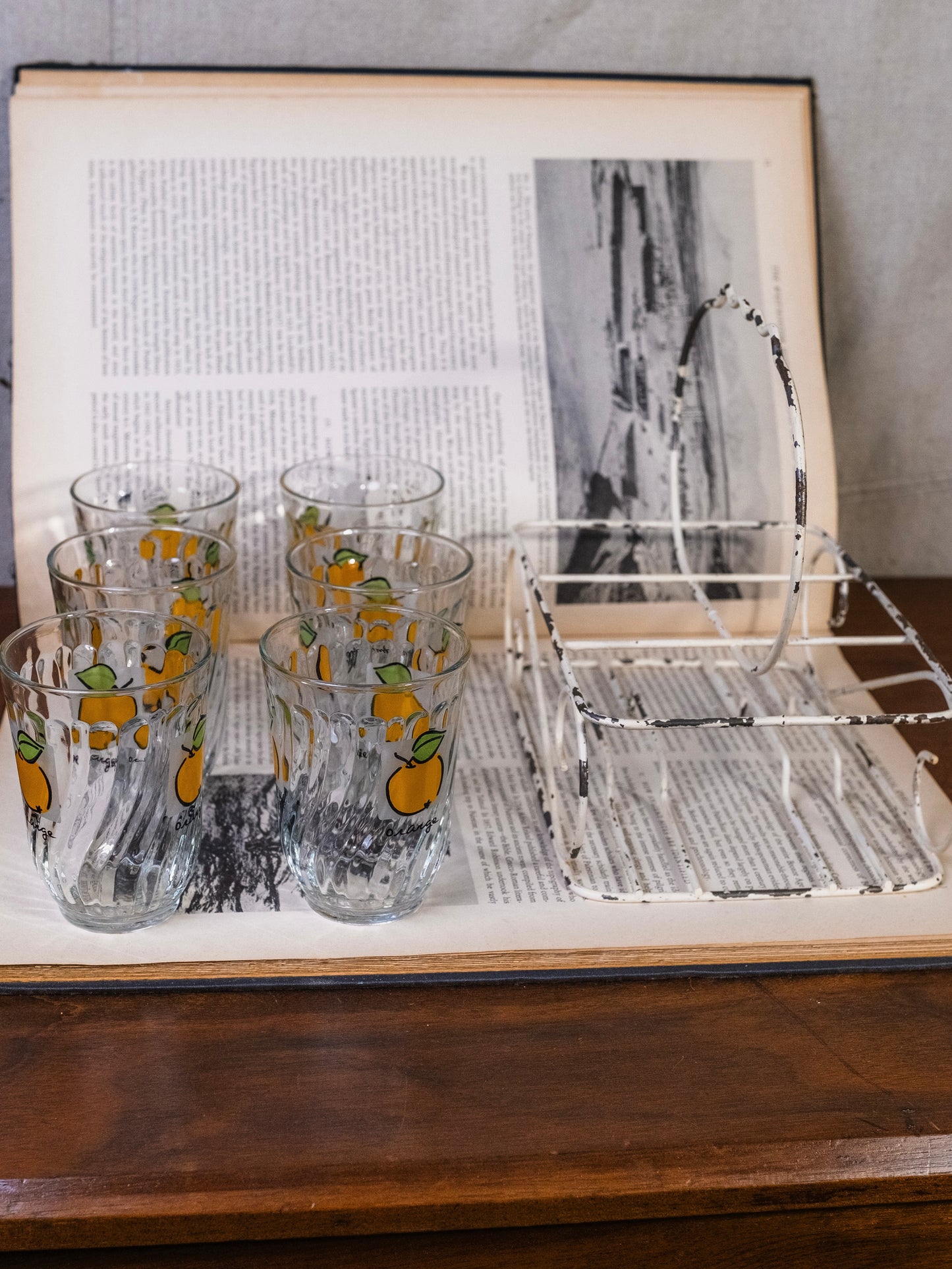 Vintage 1970s Firna Indonesia “Orange” Juice Glasses w/ Caddy | Set of 6