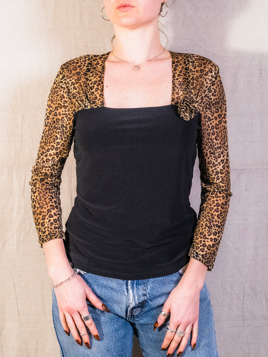 Vintage 1990s Suzie in the City Cheetah Print Mesh Sleeve Blouse | Medium
