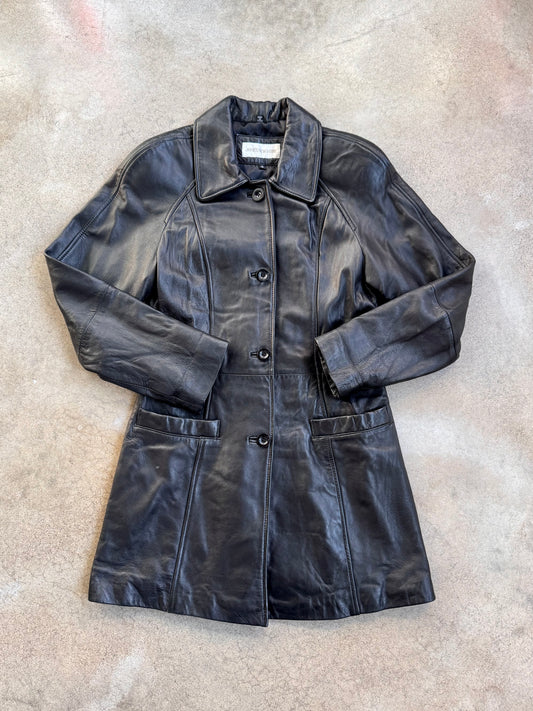 Vintage 1990s Jones New York Black Leather Button-Up Jacket | Small