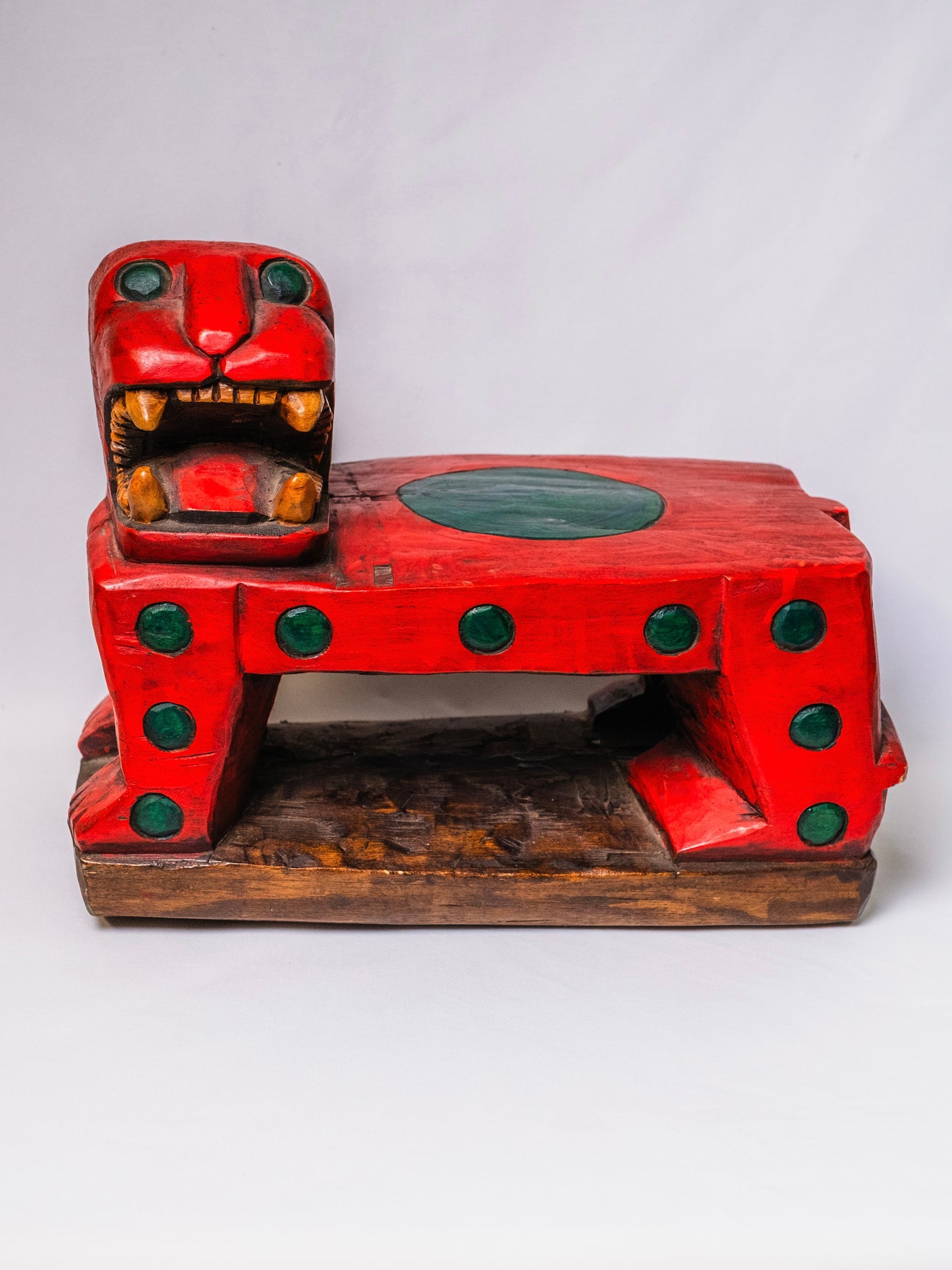 Wood-Carved Hand-Painted Red Jaguar Footstool