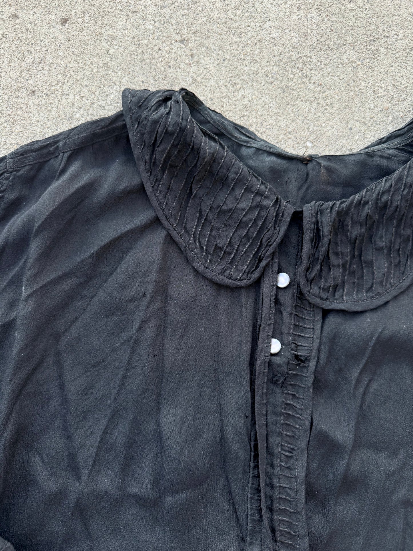 Antique 1910-20s 100% Silk Black Sheer Blouse | Large