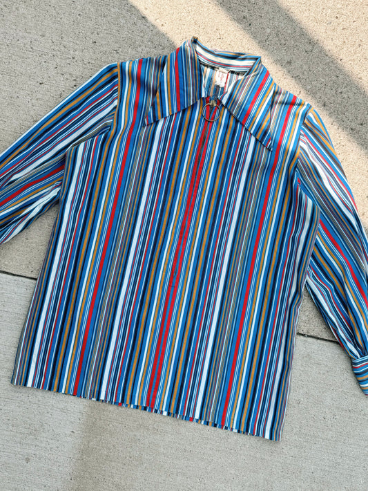Vintage 1960s Striped O-Ring Zip Up Dagger Collar Shirt | M/L