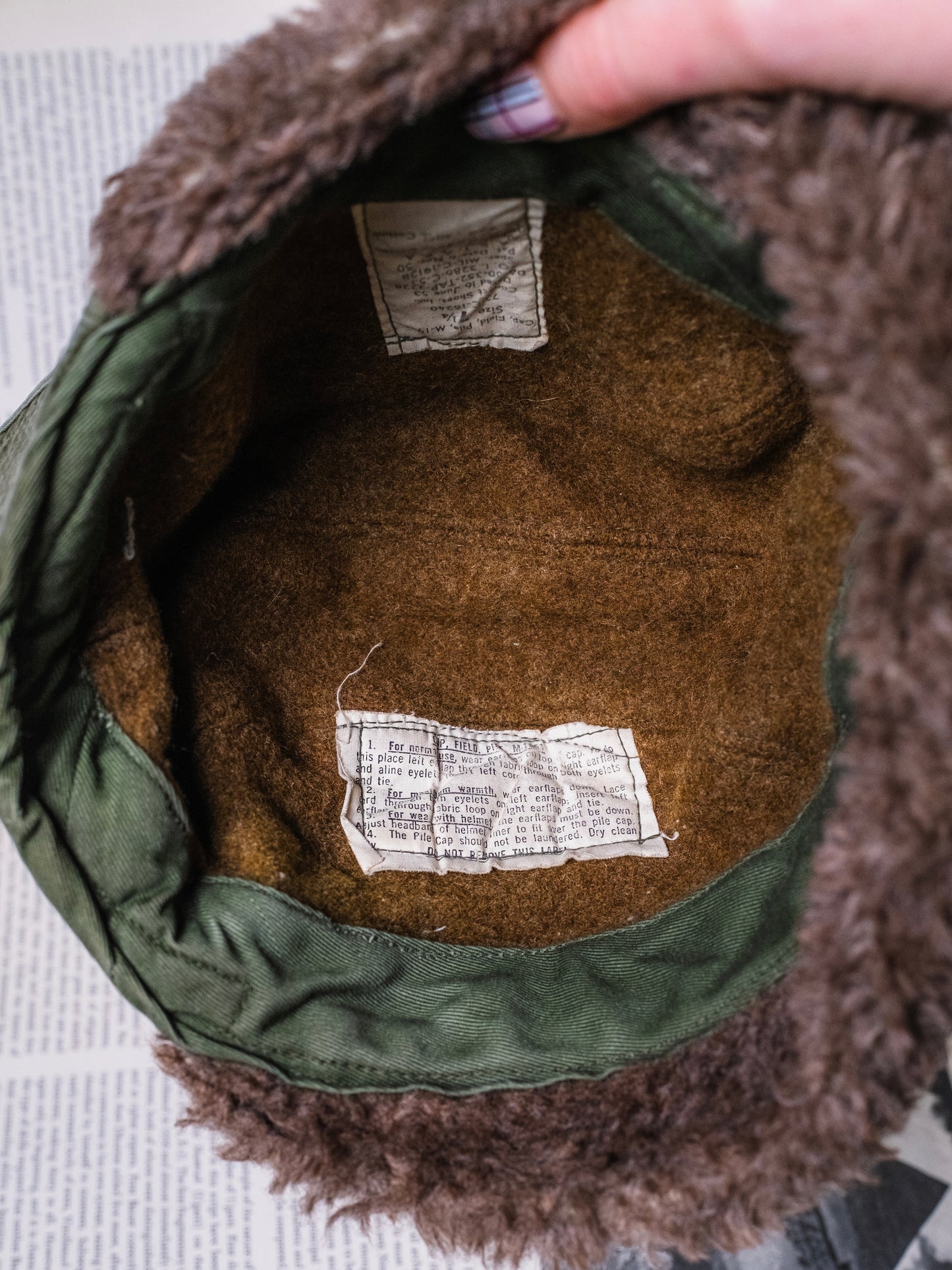Vintage 1950s Military Issue Wool-Lined Green Field Cap