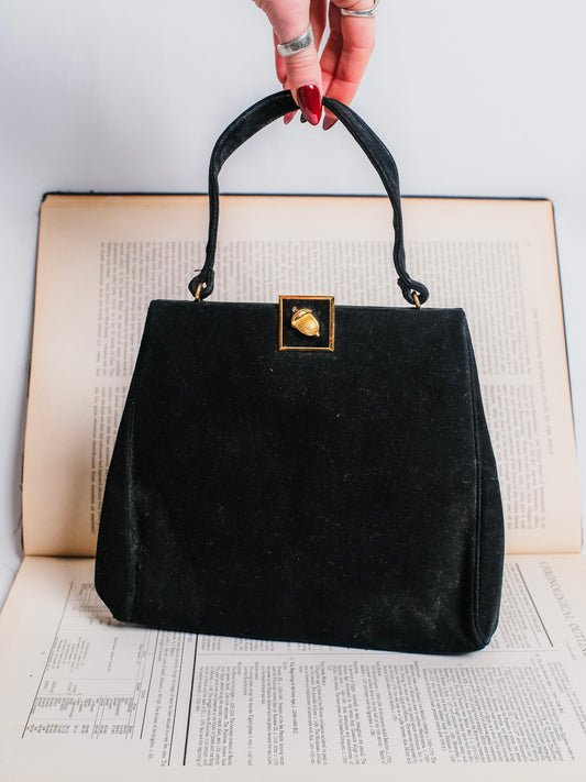 Vintage 1940s Koret Black “Koretolope” Kid Suede Gold Acorn Handbag