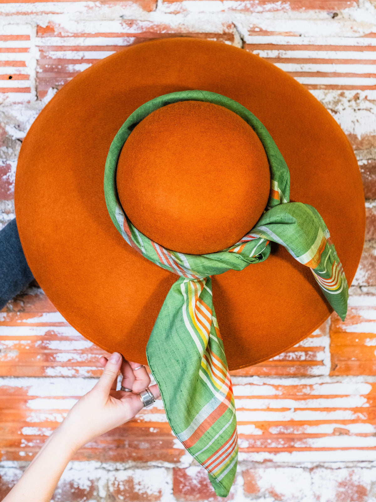 Vintage Rust Orange Felted Wool Wide Brim Hat w/ Green Plaid Scarf