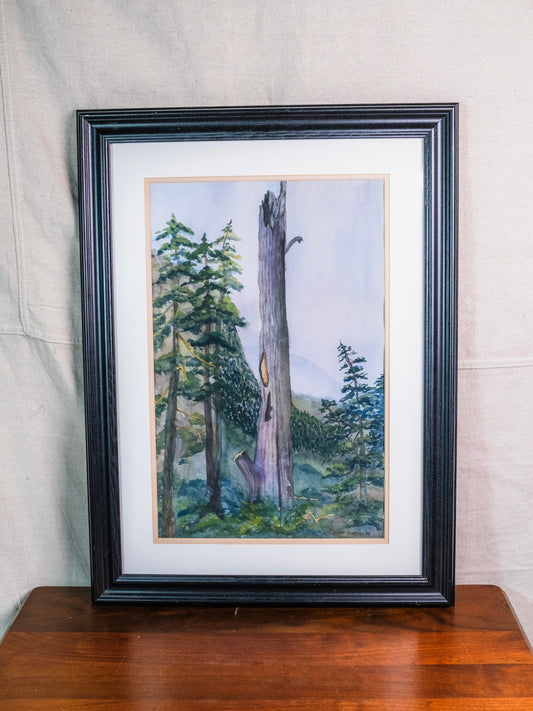 Vintage Framed Mt. Rainier "Tree in the Forest" Watercolor Landscape Artwork | Signed