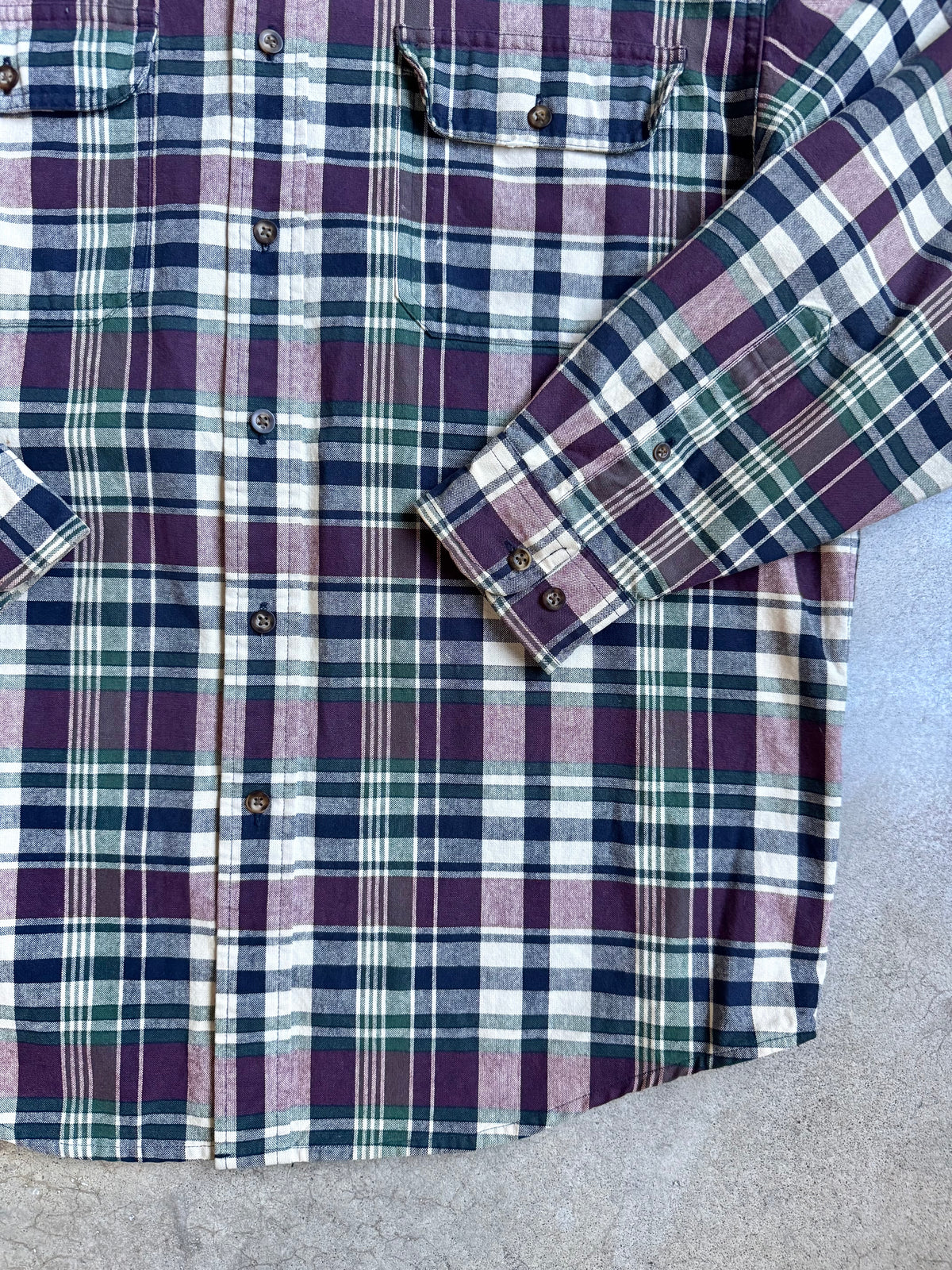 Vintage 1990s Eddie Bauer Dark Plaid Cotton Button-Up Shirt | Medium