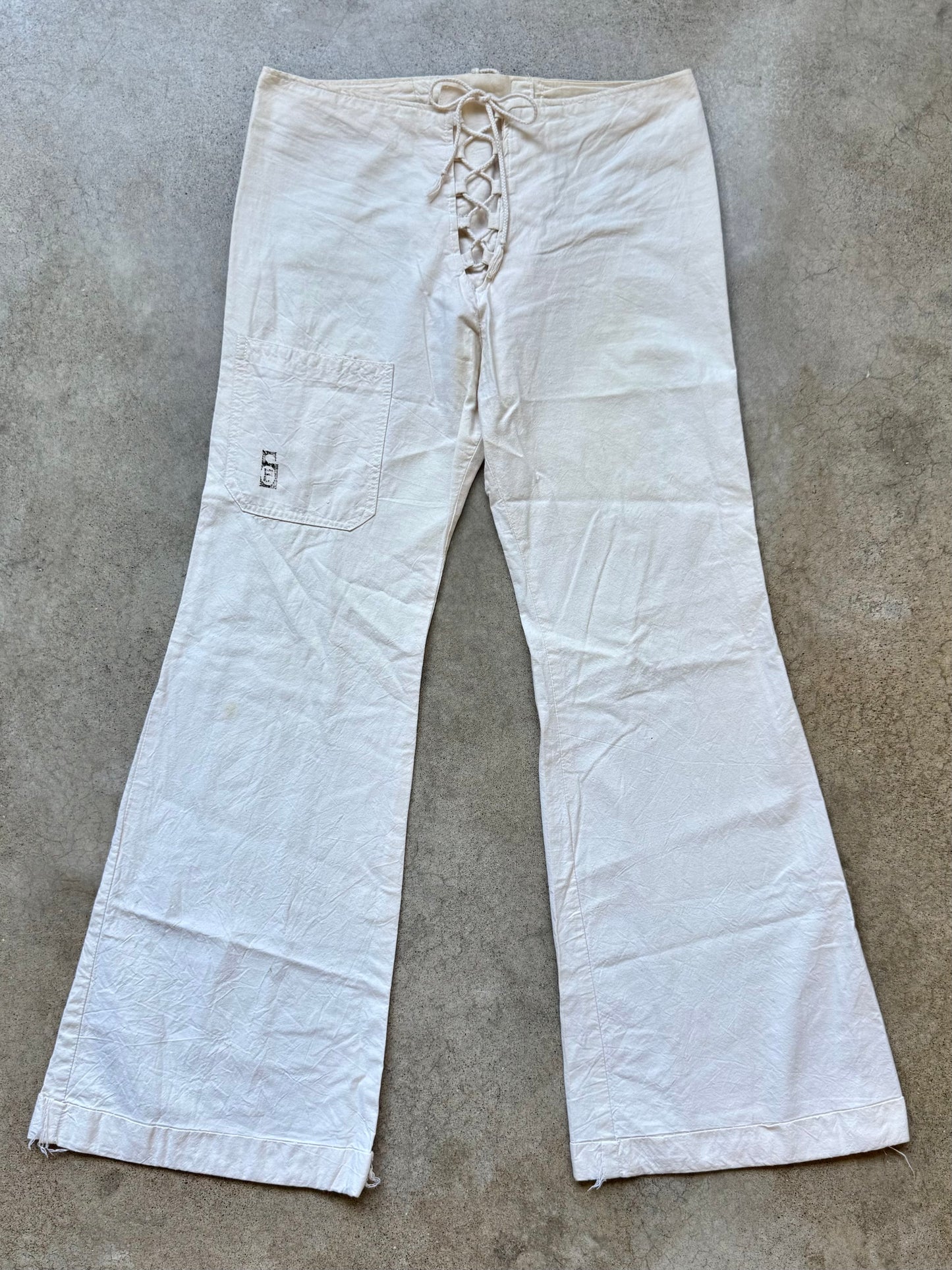 Vintage 1970s Philippe Salvet French Cotton Lace-Up Bell Bottom Pants | S/M