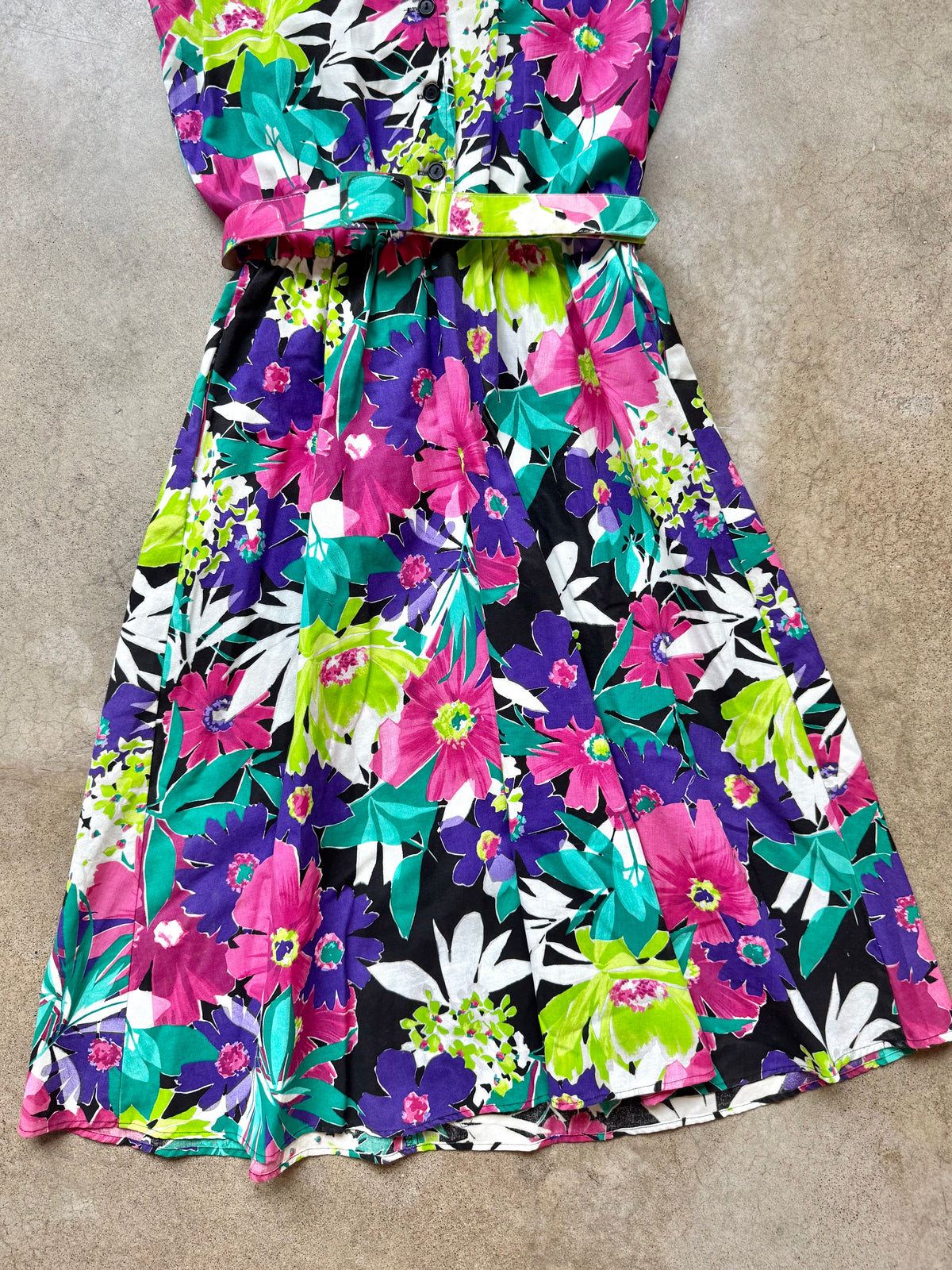 Vintage 1980s Kitty Koyle Bright Floral Belted Sleeveless Cotton Dress | Medium