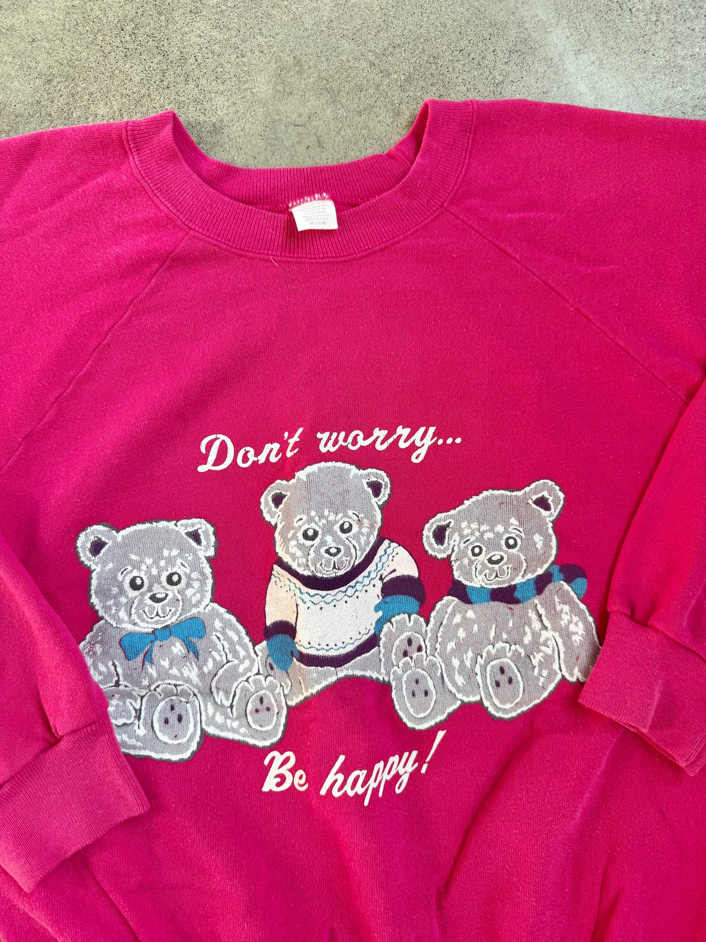 Vintage 1980s "Don't Worry, Be Happy!" Teddy Bear Raglan Sweatshirt | Medium