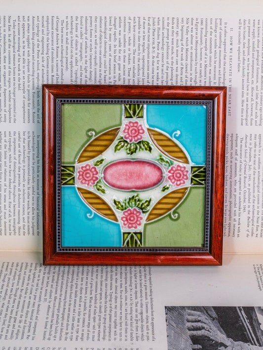 Vintage Framed H & R Johnson England Floral Ceramic Tile