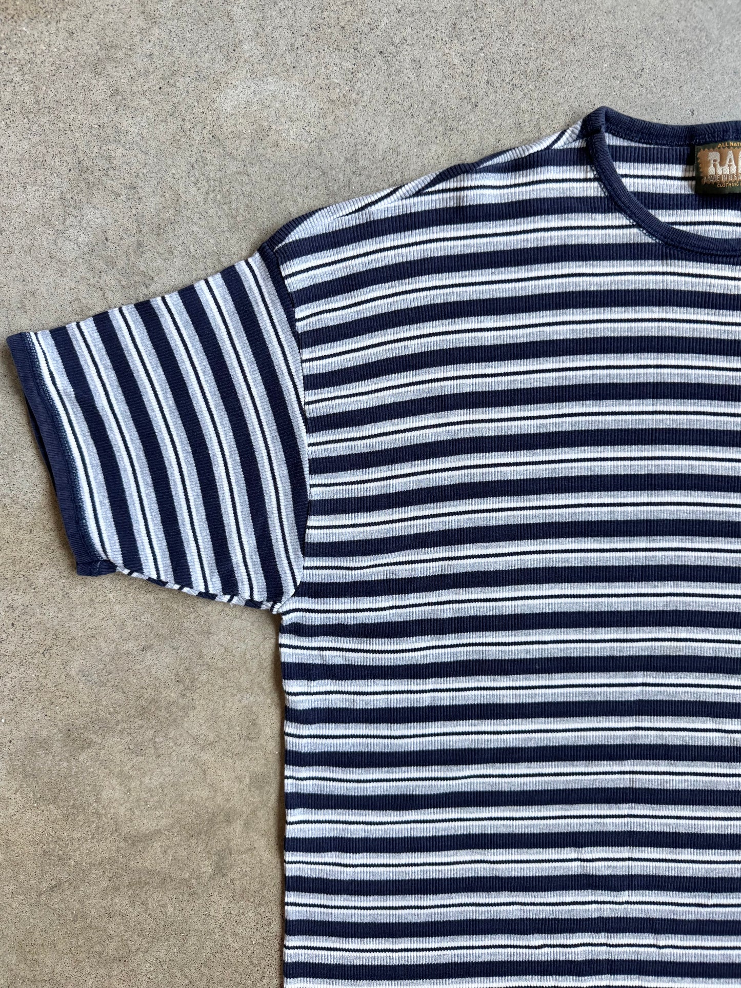 Vintage 1990s Ragz Navy Blue Striped Cotton Ribbed Tee | XL