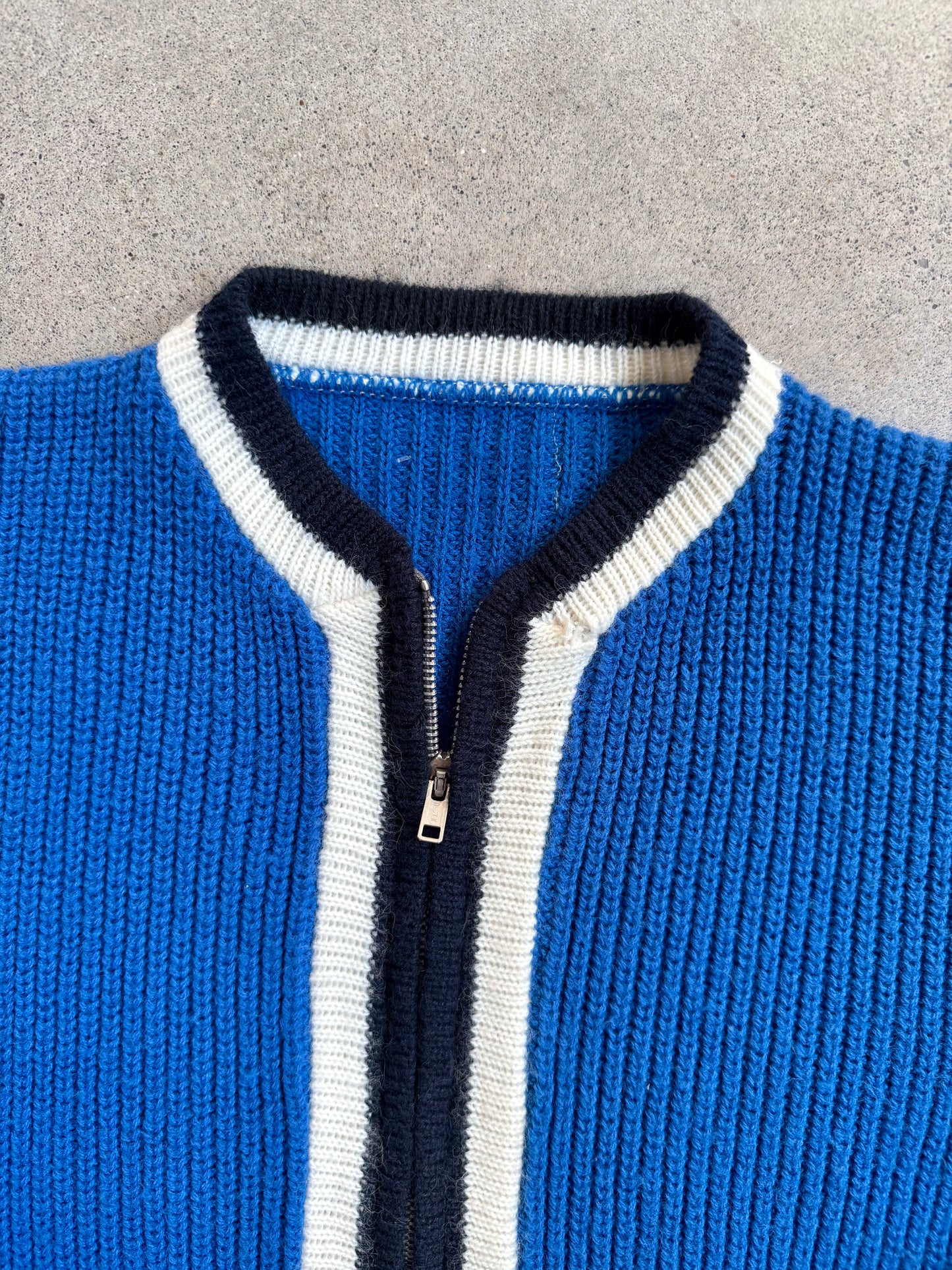 Vintage 1960s Blue Striped Trim Knit Zip-Up Sweater Jacket | S/M