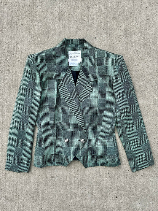 Vintage 1980s Teri Jon Mint Green Patterned Silk Blazer | Small