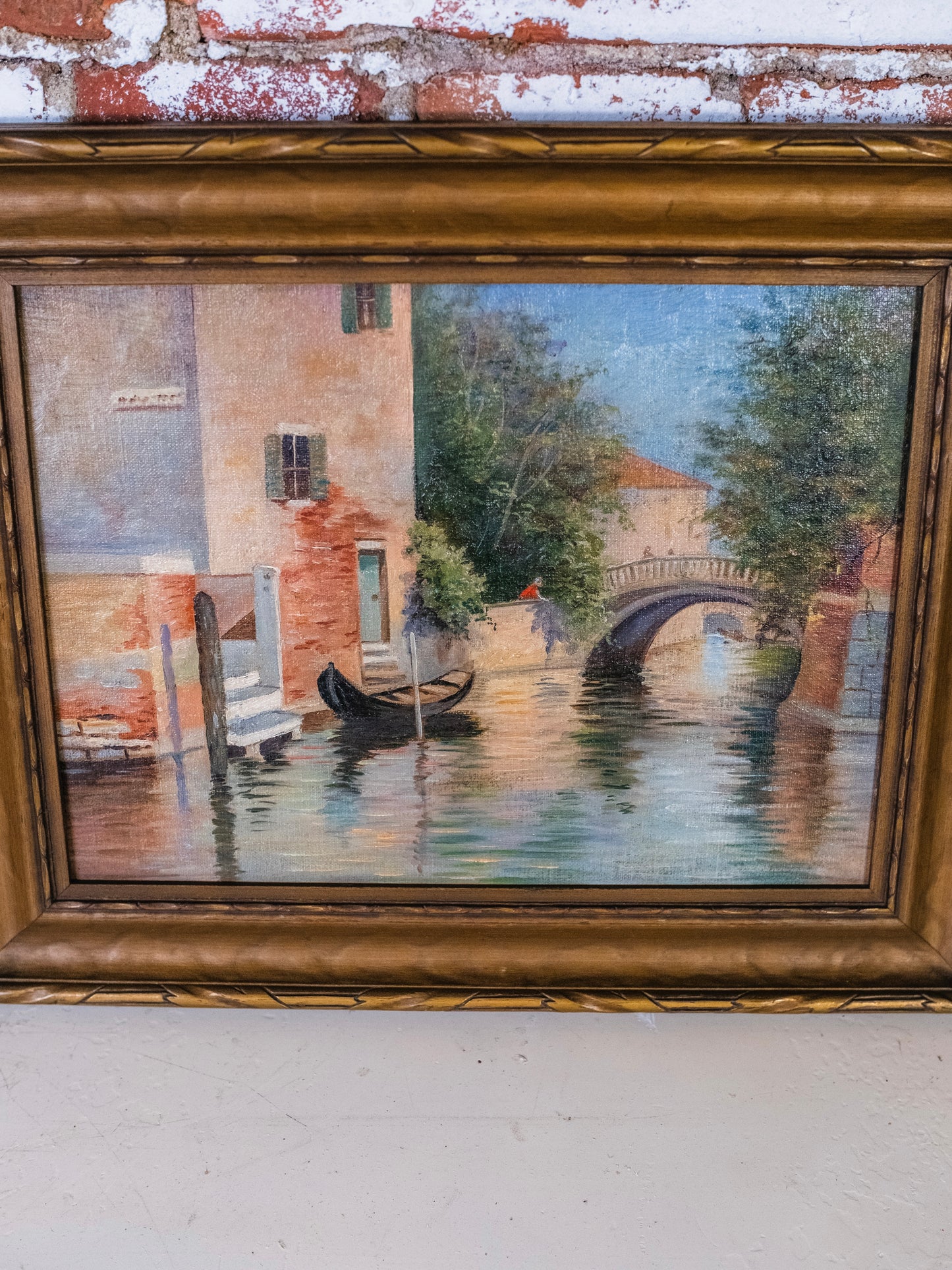 Antique 1920s Framed Venetian Canal Landscape Oil Painting