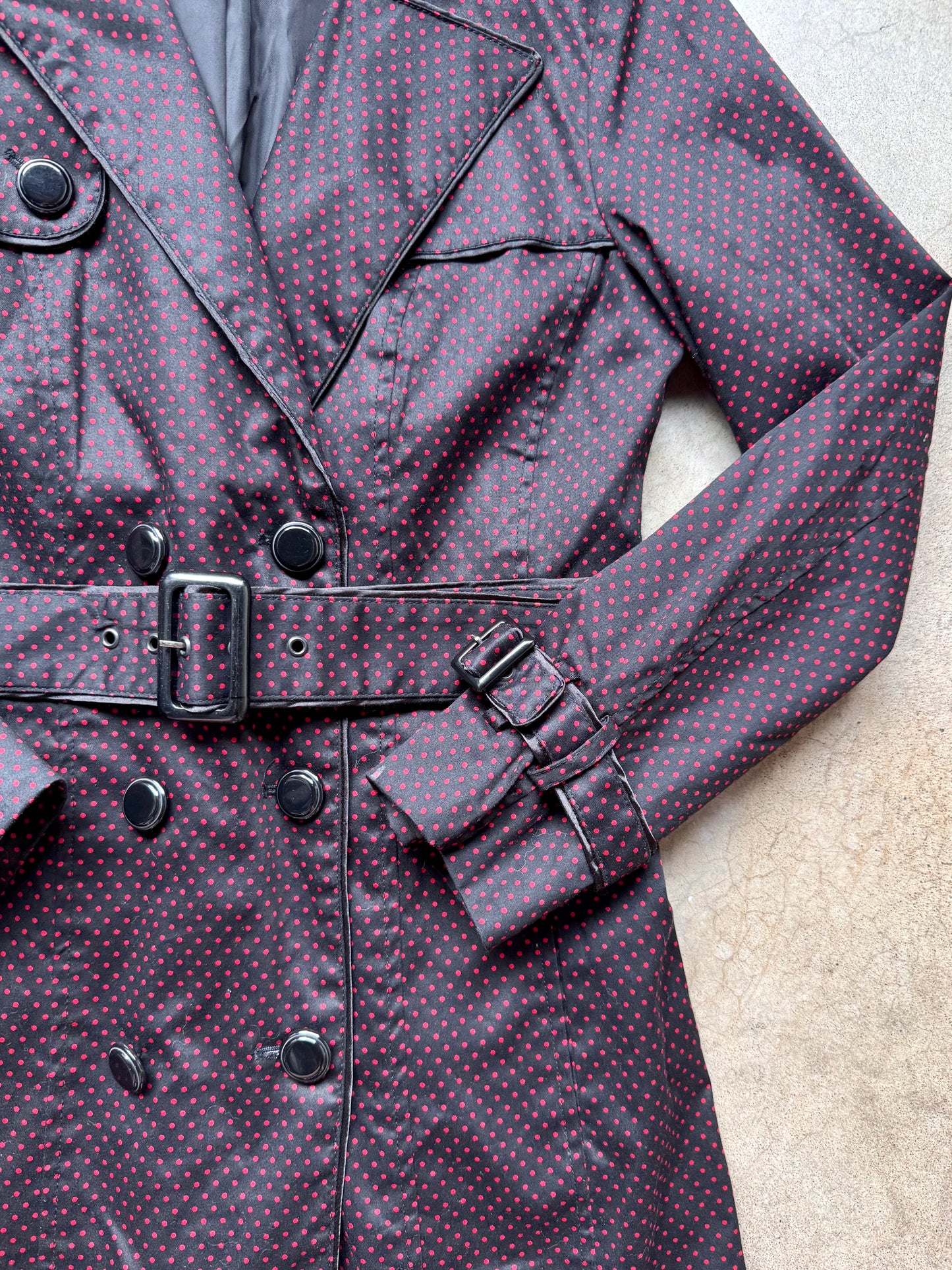 2000s Katherine NY Black & Red Polka Dot Trench Coat | Small