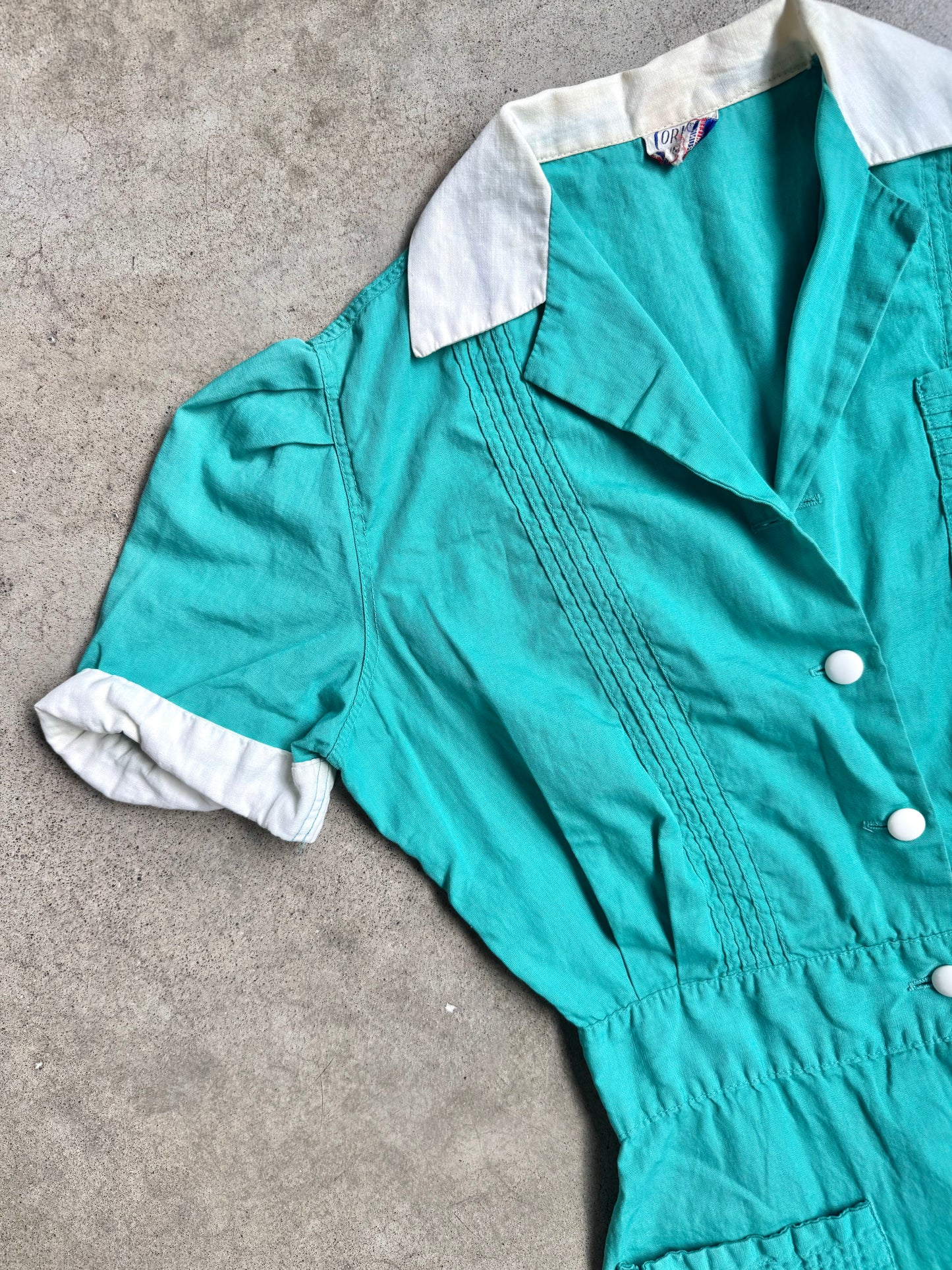 Vintage 1940s Teal & White Corliss Uniform Dress | XS
