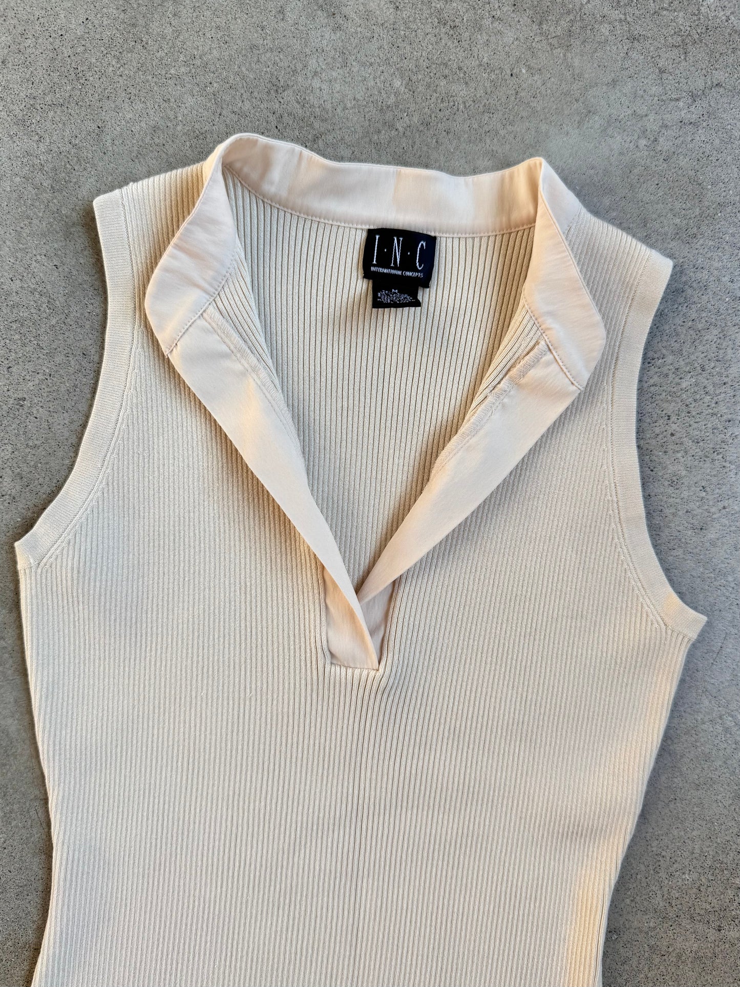 Vintage 1990s I.N.C. Cream Silk-Blend Rib Knit V-Neck Tank Top | Medium